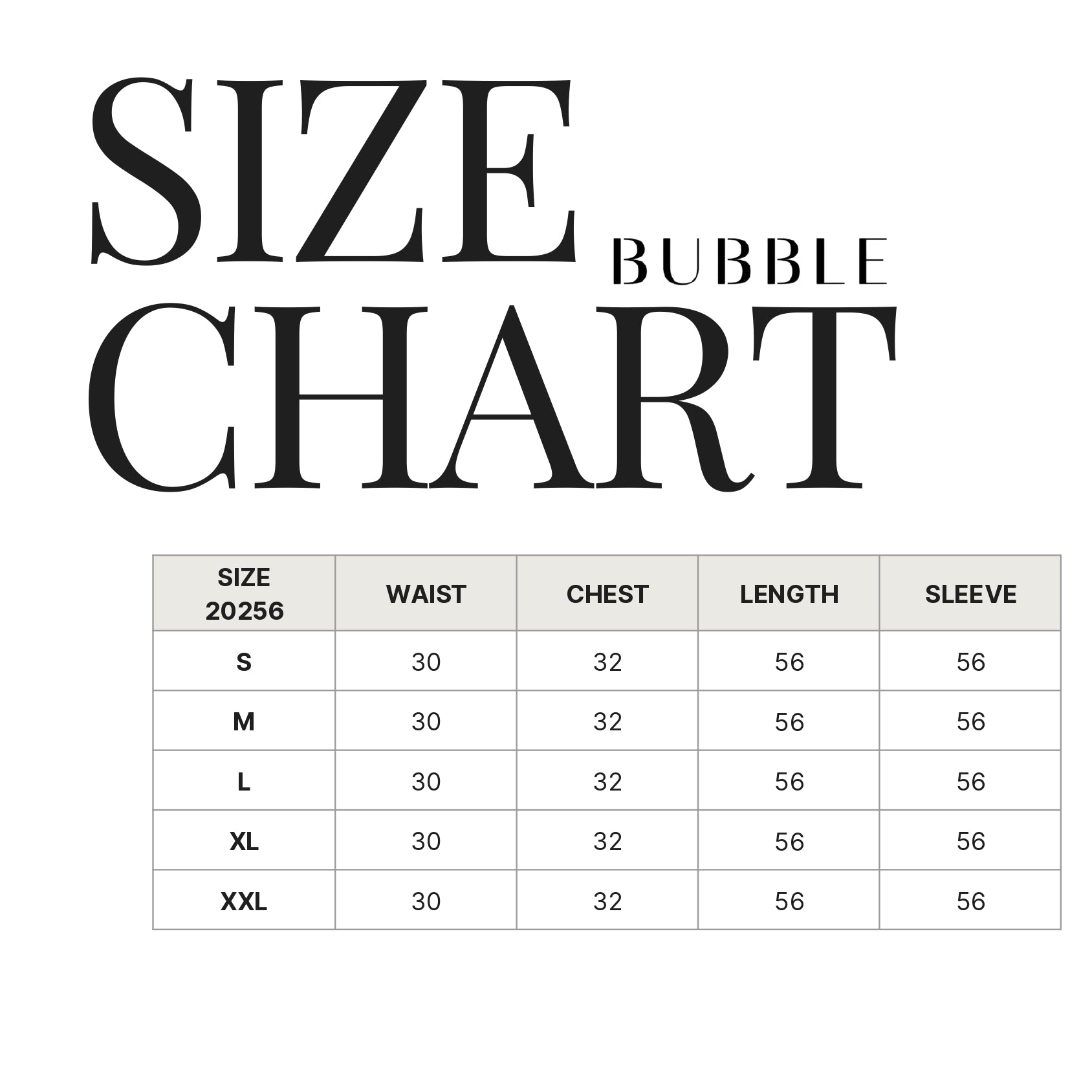 Comfy basic top size chart