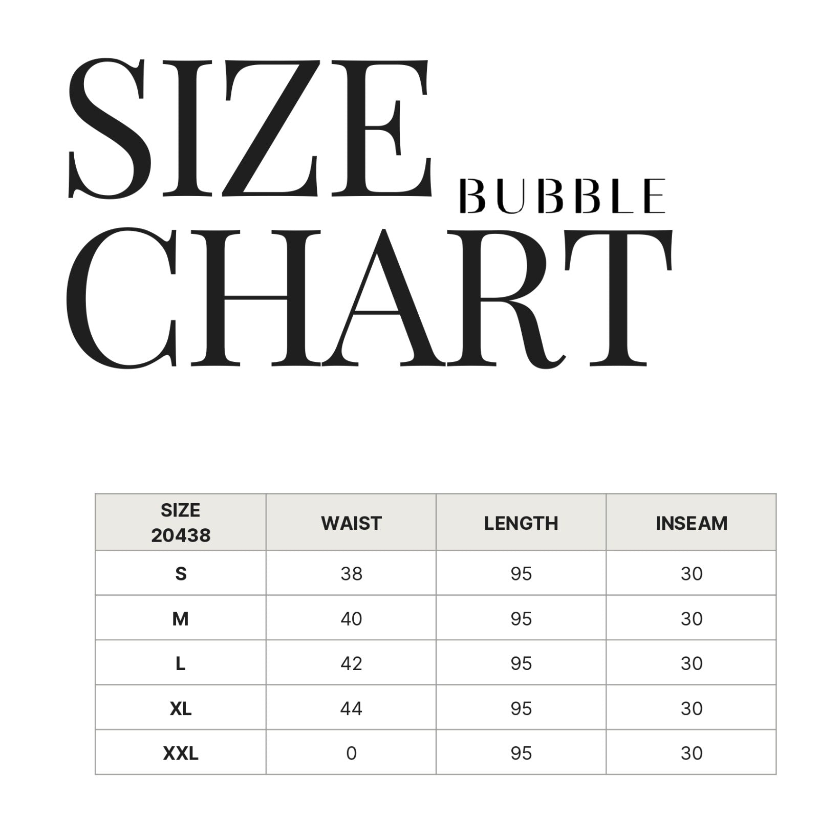 Waistband Tie pants size chart