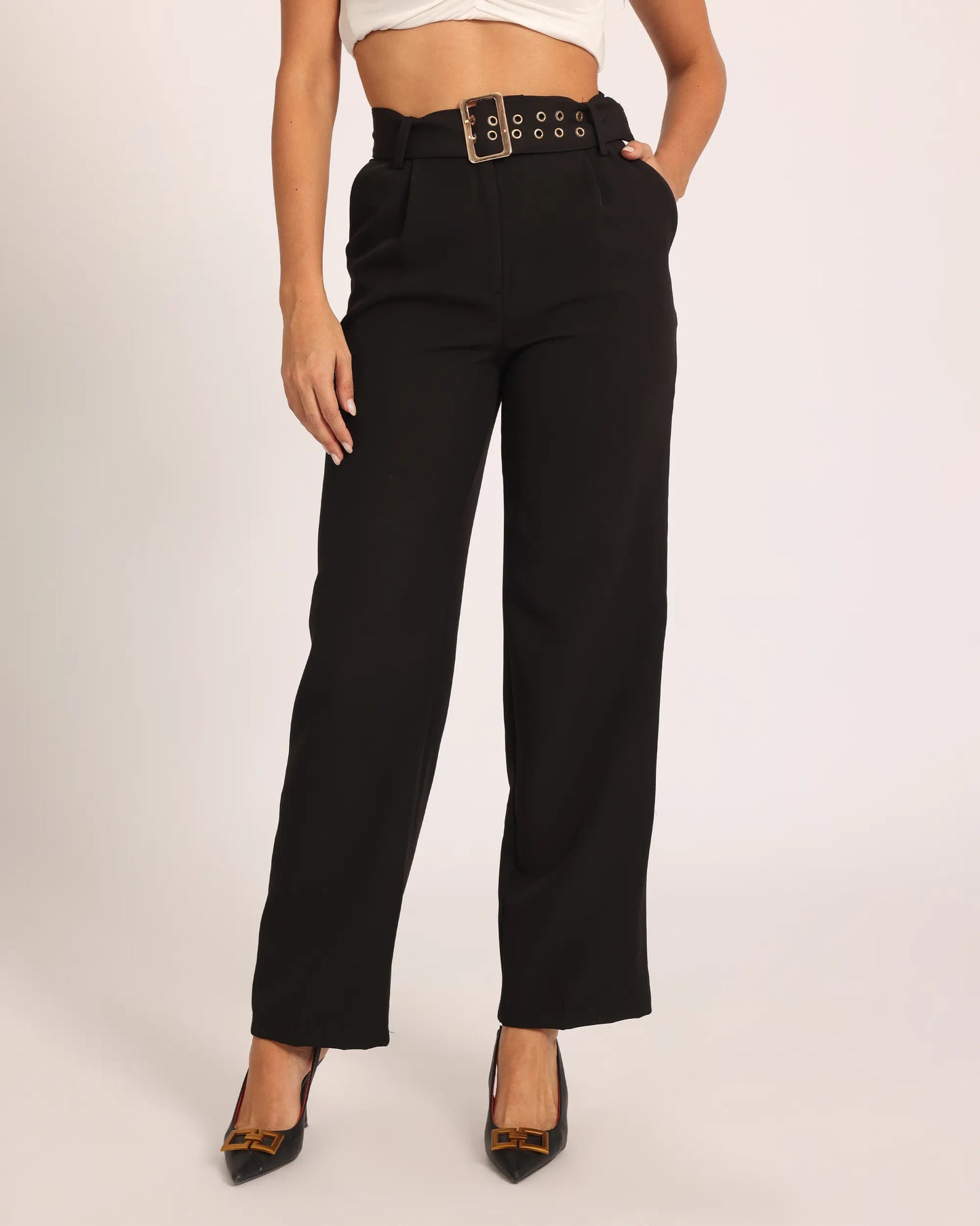Gold-Ring Waist Pants - Black