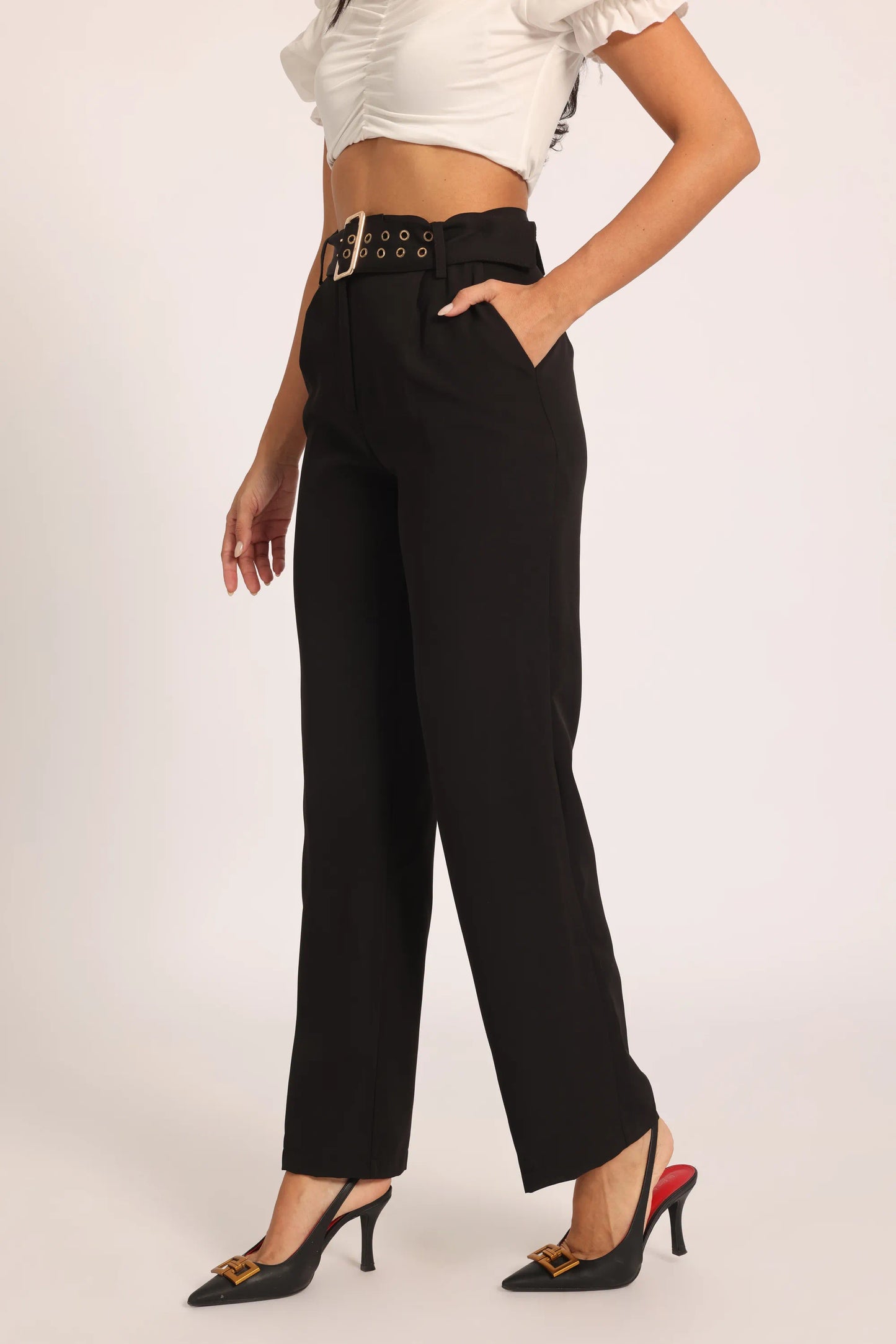 Gold-Ring Waist Pants - Black