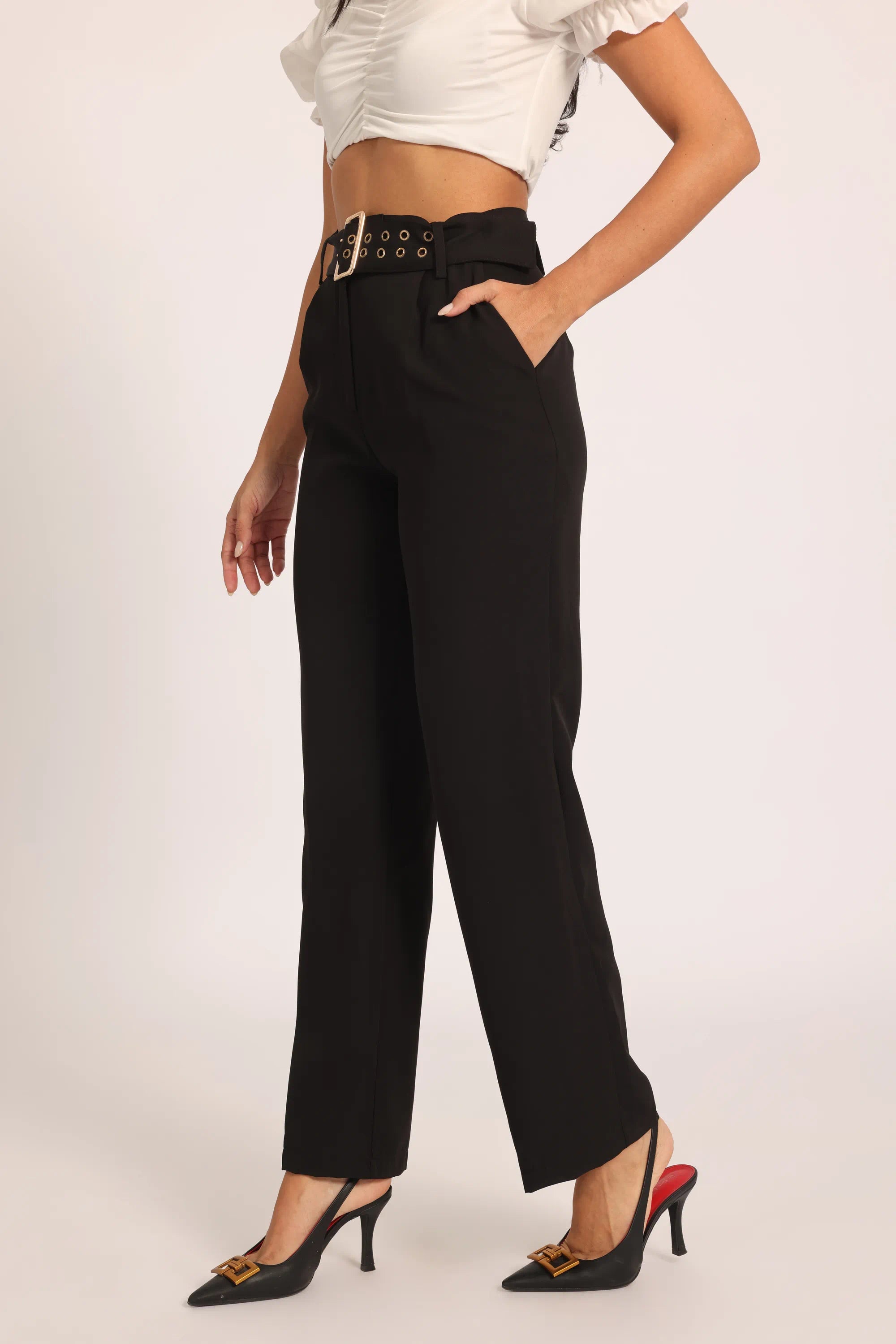Gold-Ring Waist Pants - Black