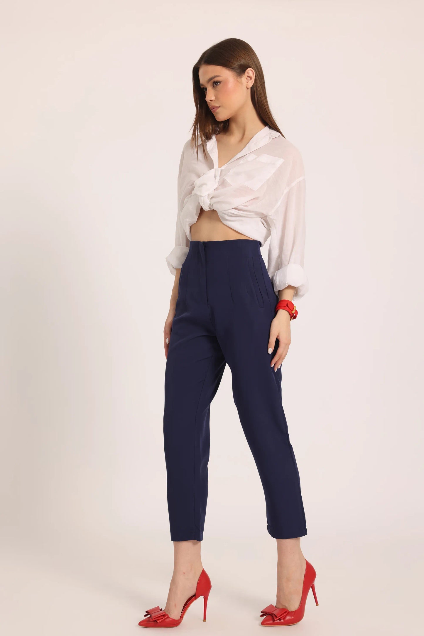 High-Waist Pleated Ankle Trousers - Navy