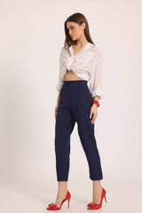 High-Waist Pleated Ankle Trousers - Navy