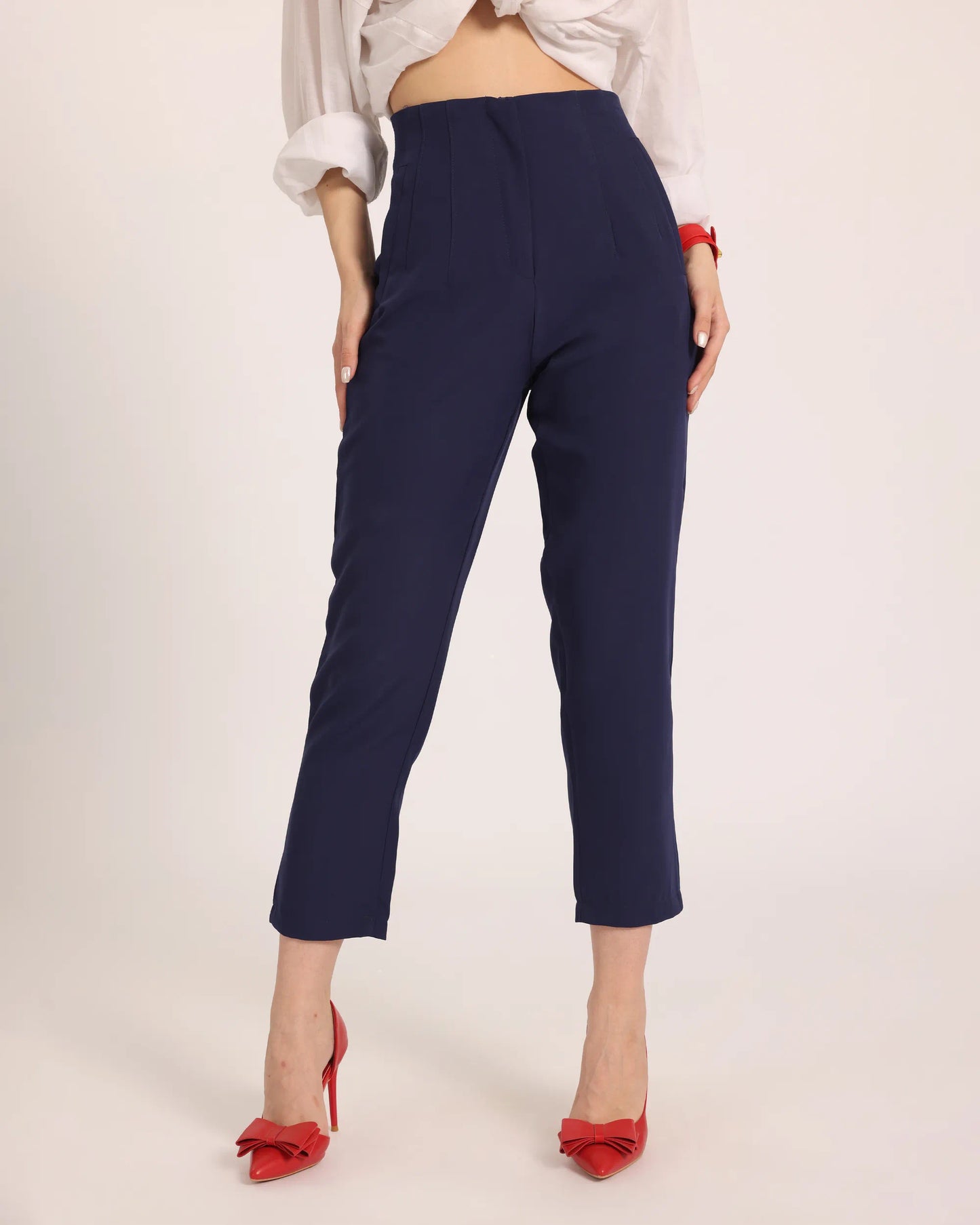 High-Waist Pleated Ankle Trousers - Navy