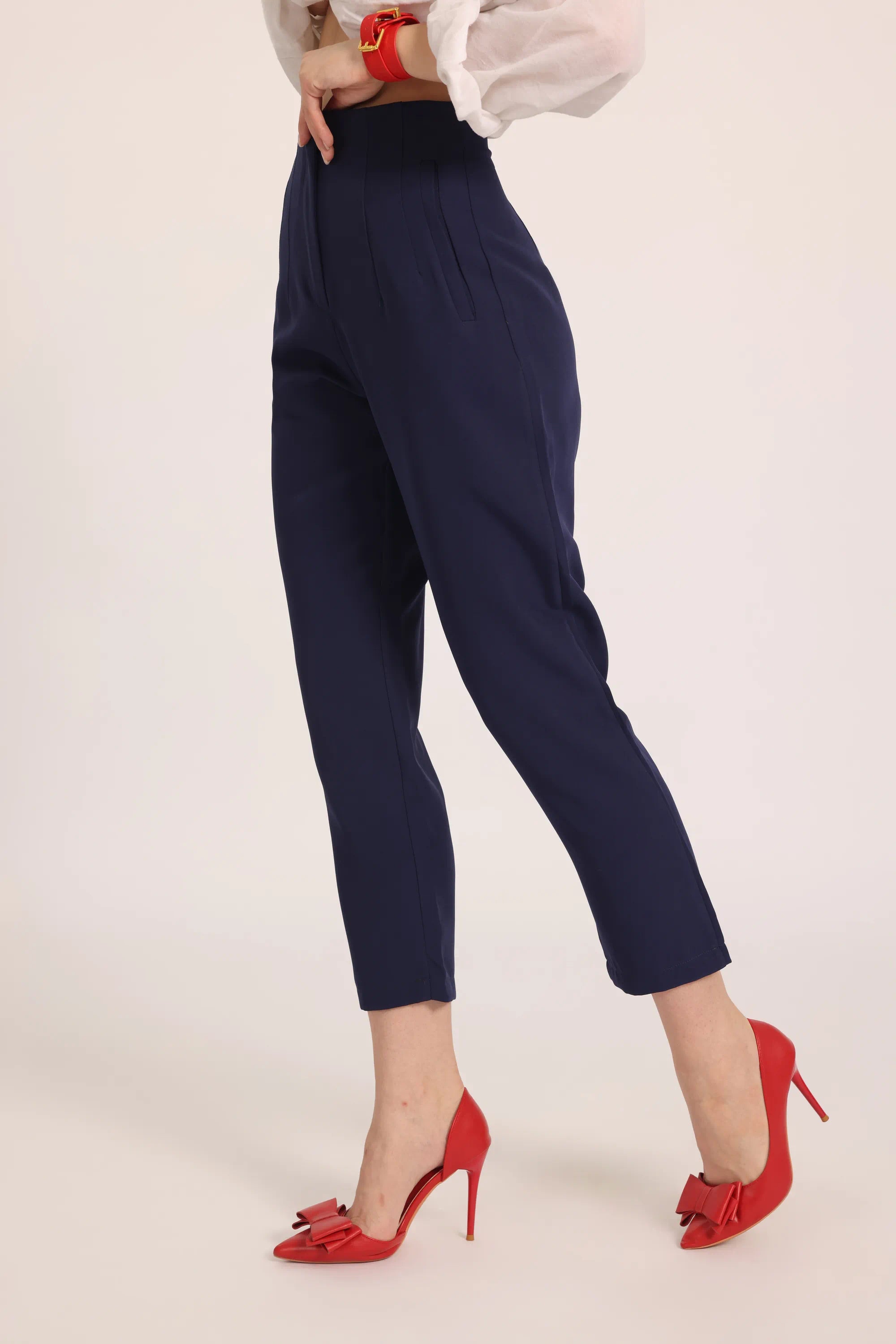 High-Waist Pleated Ankle Trousers - Navy