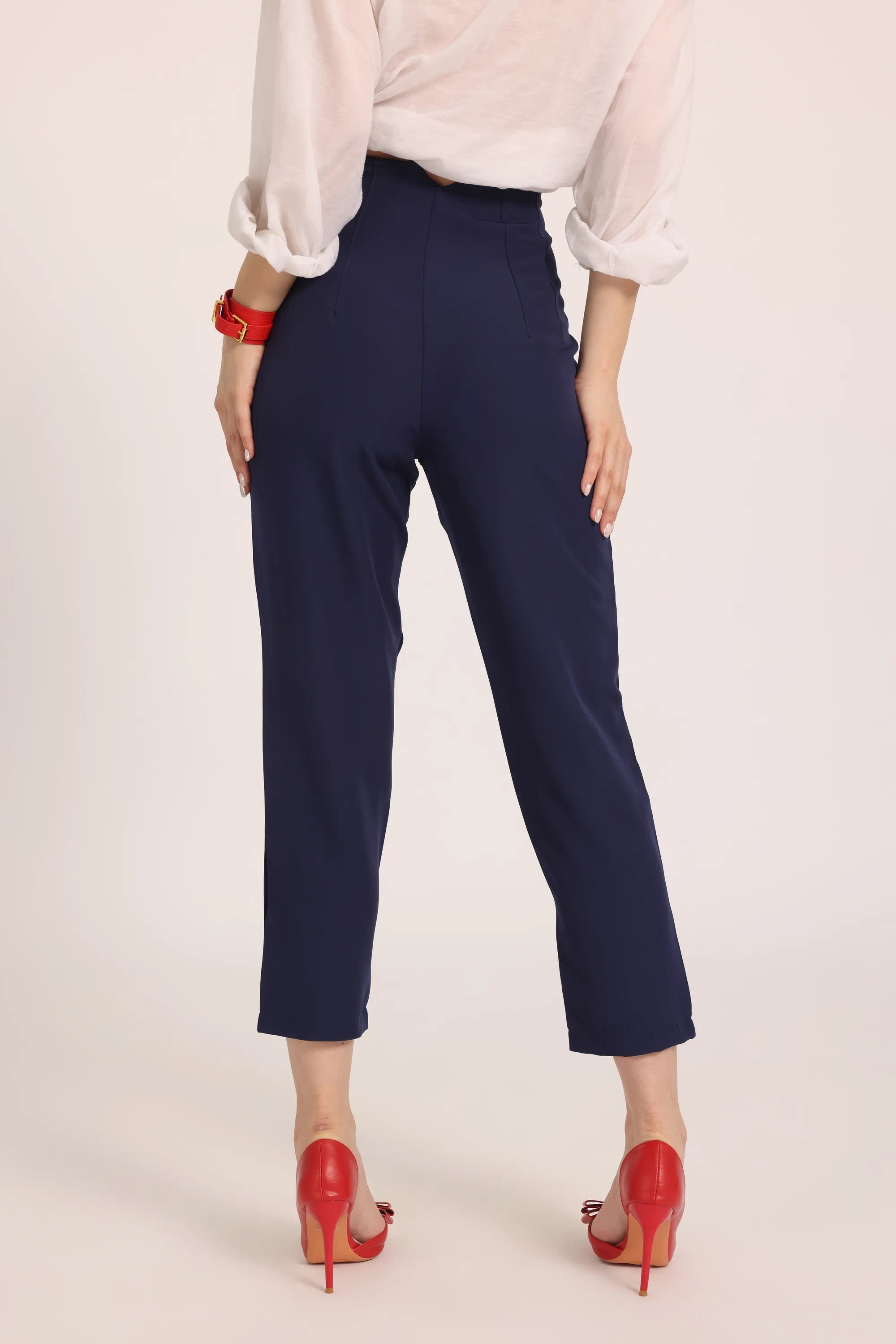 High-Waist Pleated Ankle Trousers - Navy