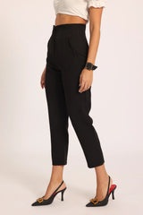 High-Waist Pleated Ankle Trousers - Black