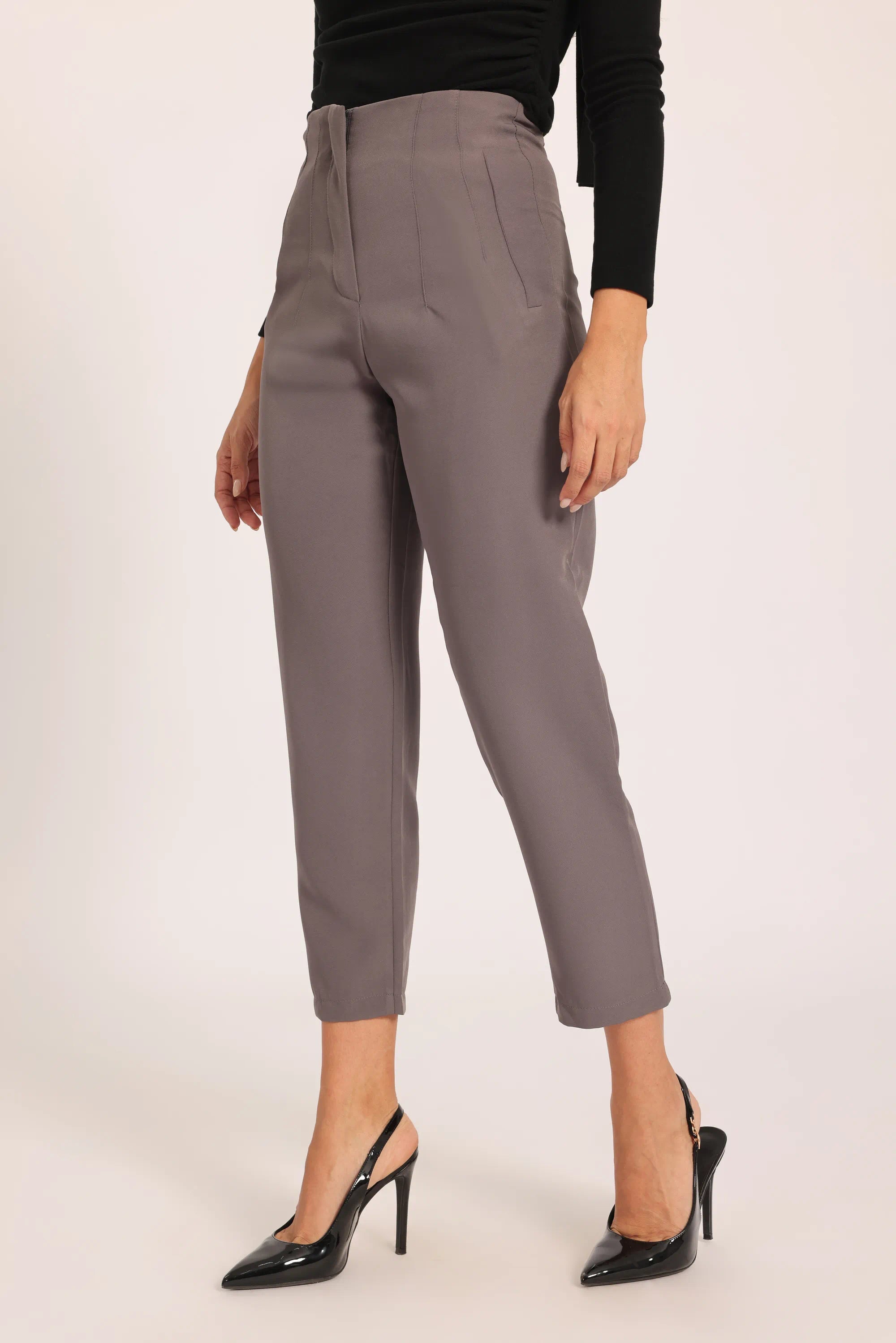 High-Waist Pleated Ankle Trousers - Grey