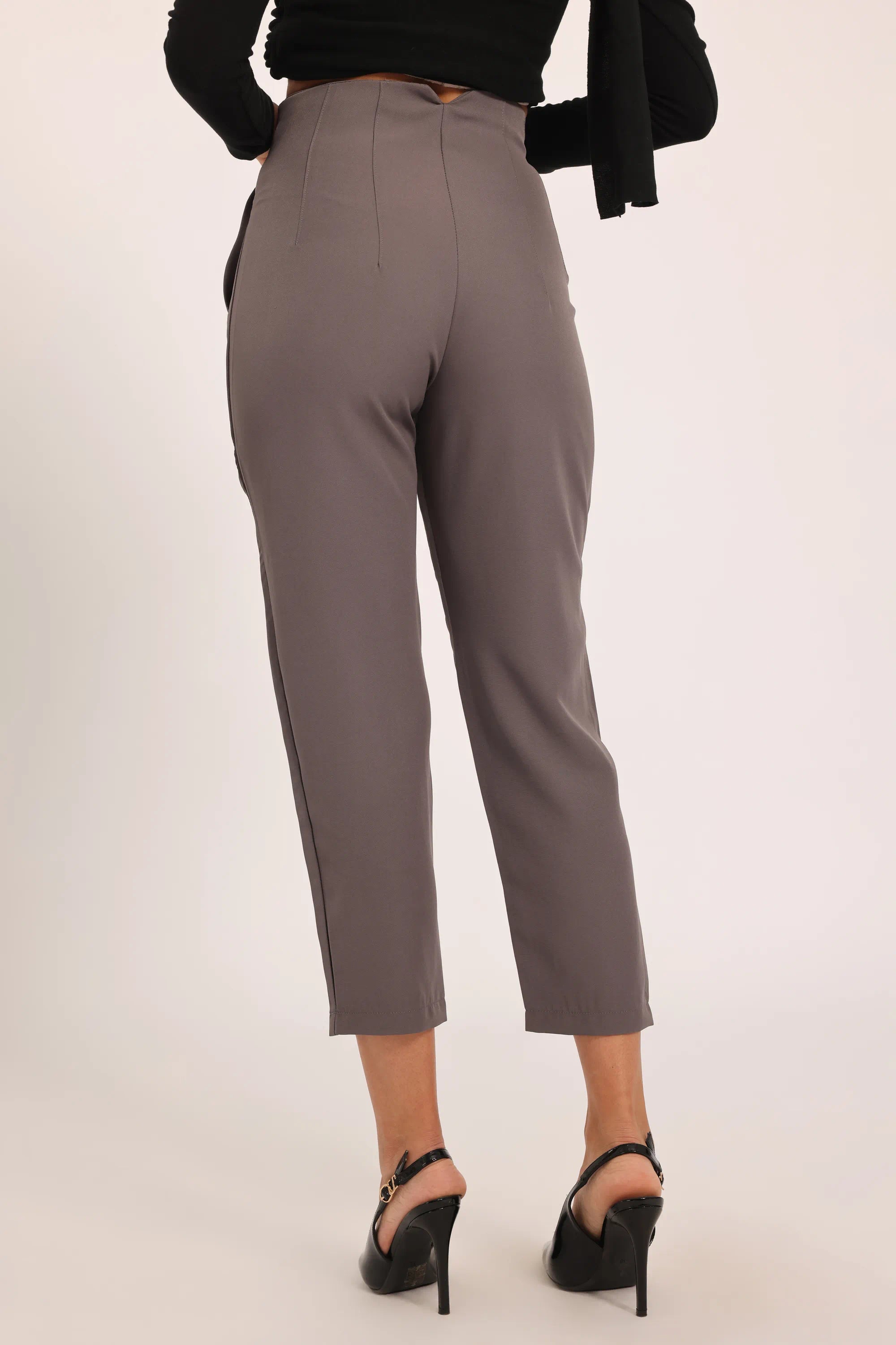High-Waist Pleated Ankle Trousers - Grey