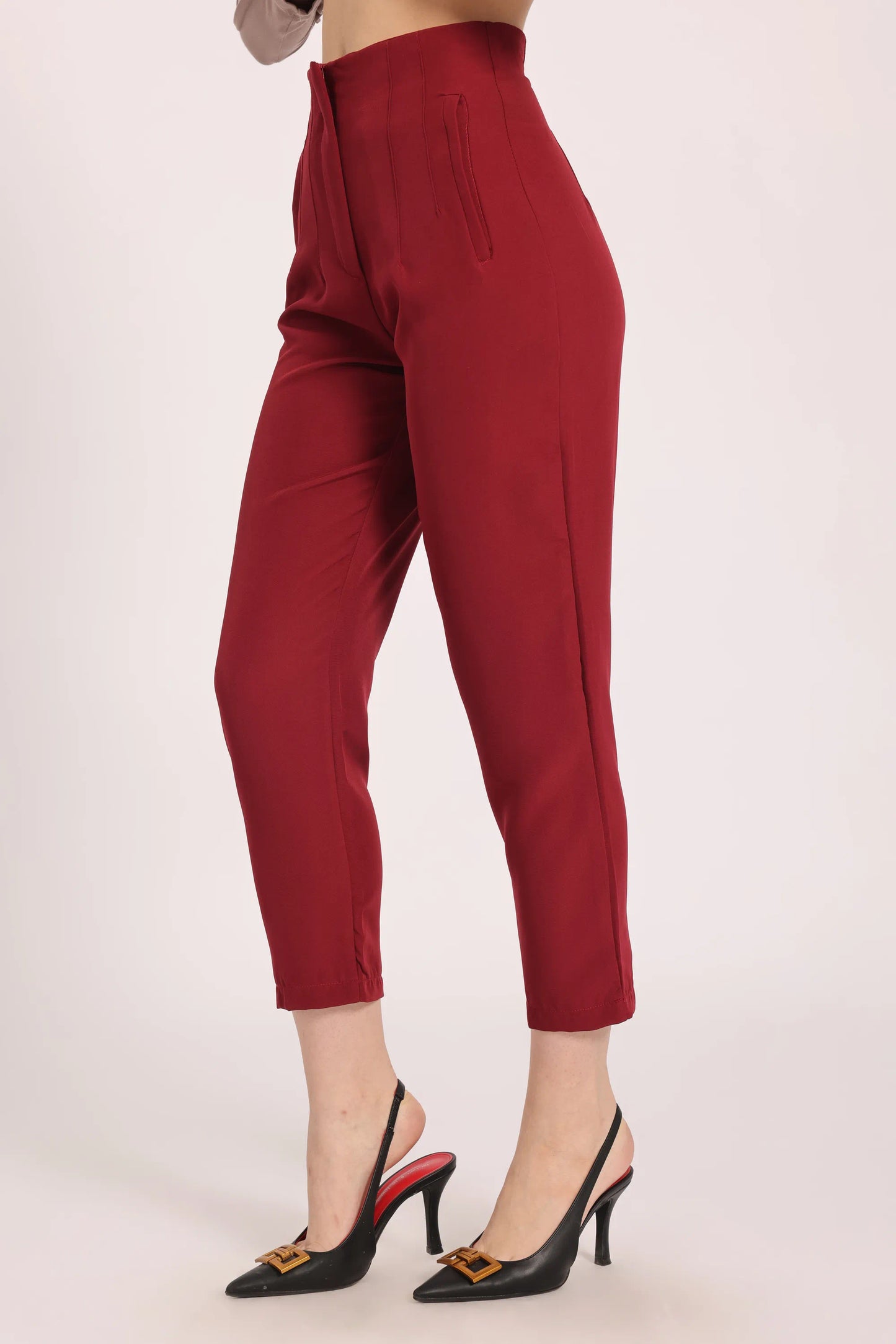 High-Waist Pleated Ankle Trousers - Burgundy