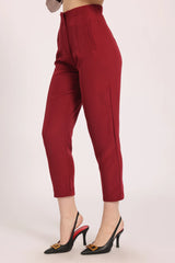 High-Waist Pleated Ankle Trousers - Burgundy