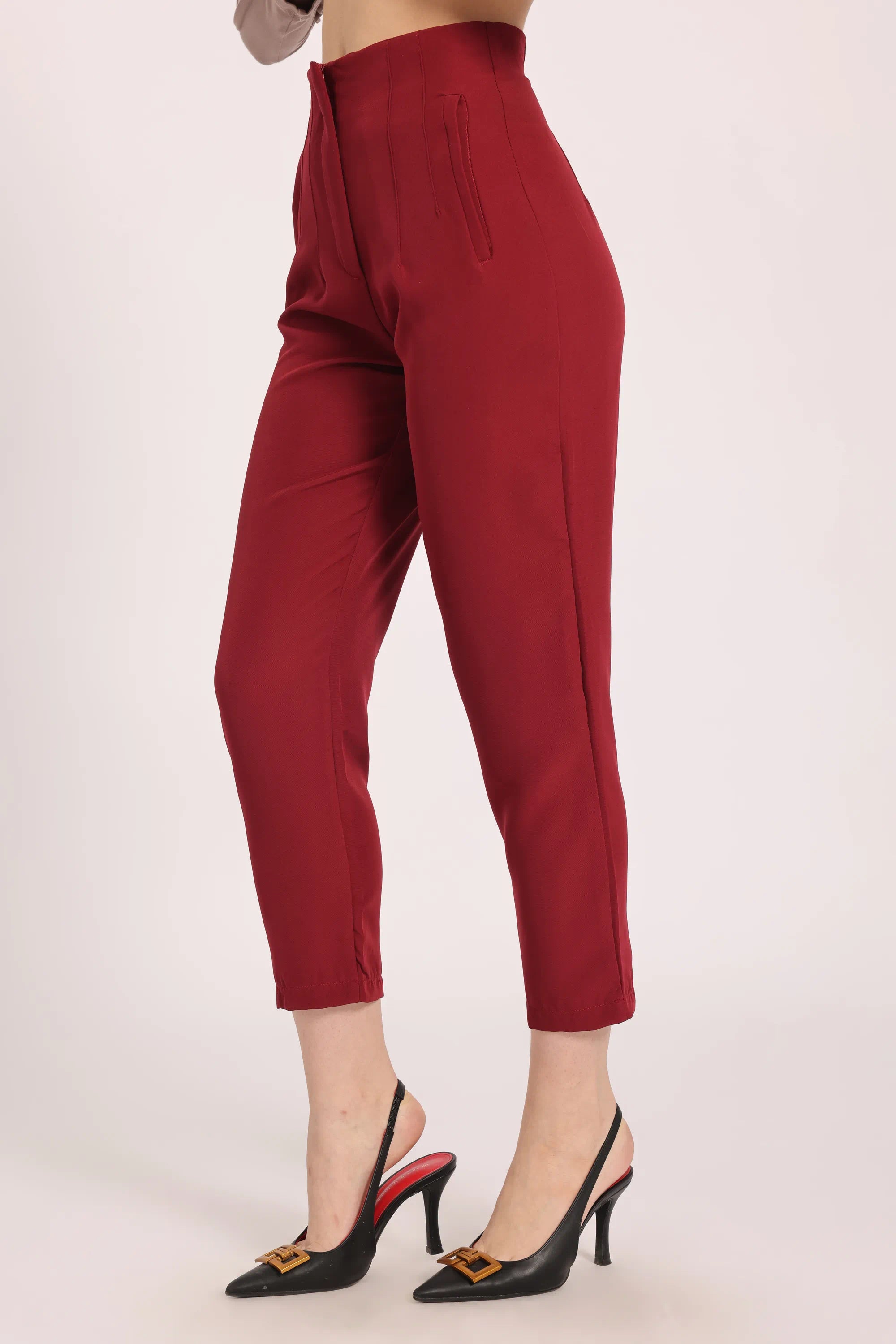 High-Waist Pleated Ankle Trousers - Burgundy
