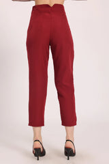 High-Waist Pleated Ankle Trousers - Burgundy