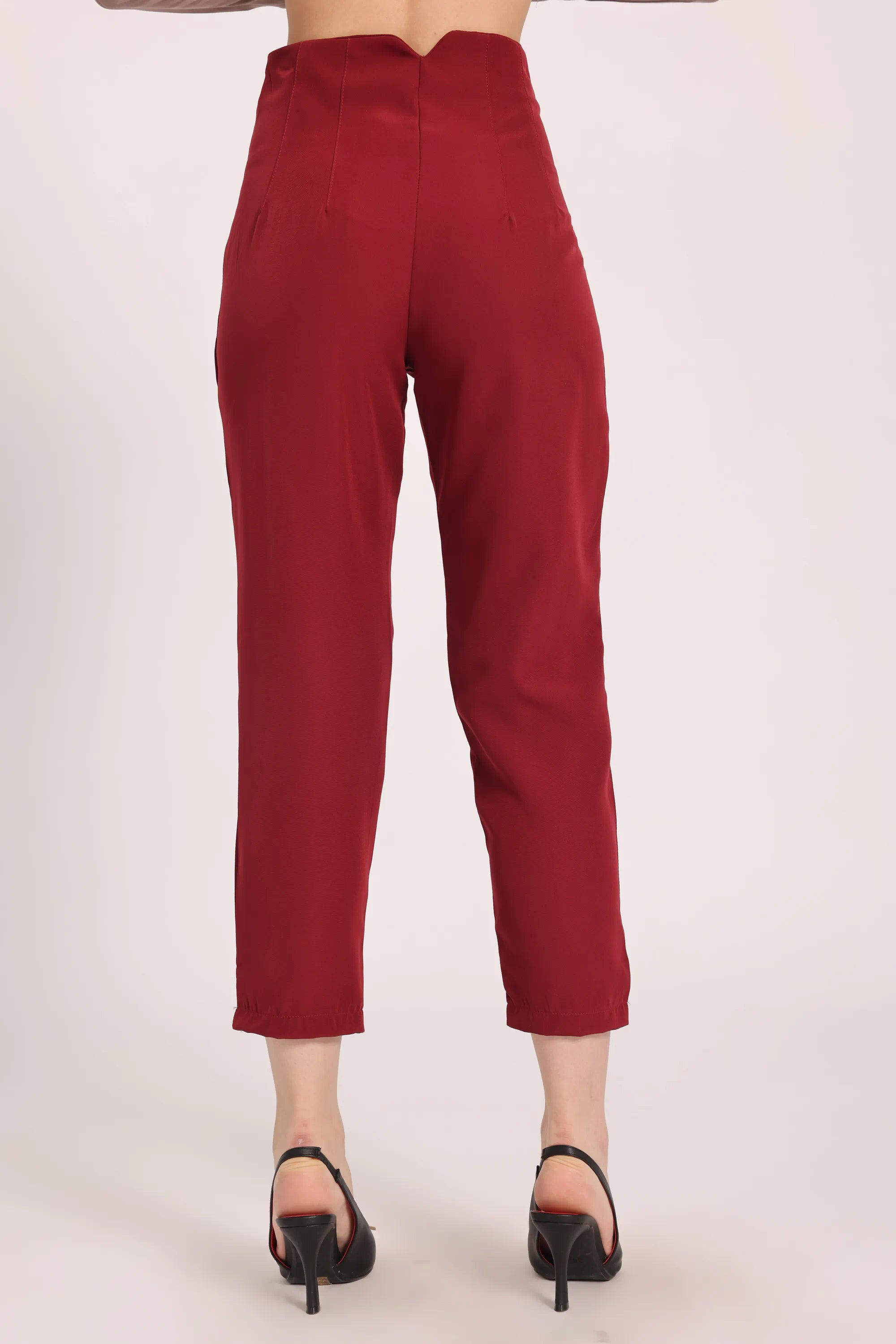 High-Waist Pleated Ankle Trousers - Burgundy
