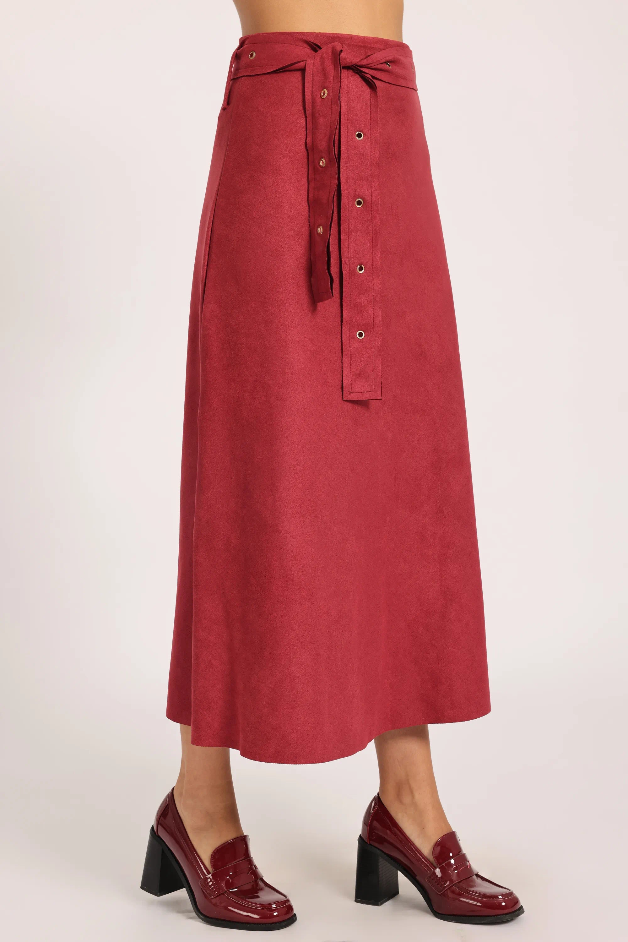 Line Suede-Look Midi Skirt - Red