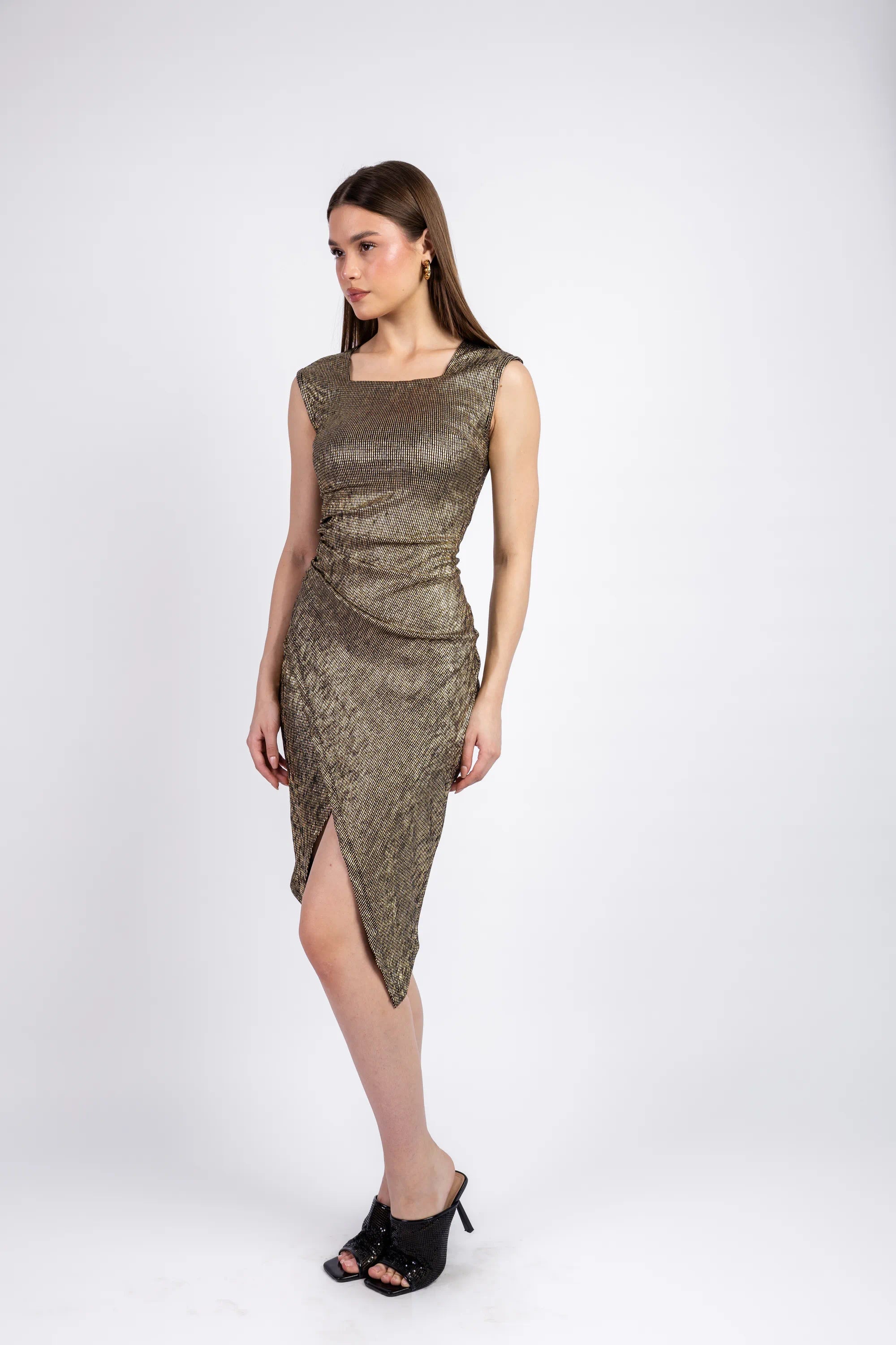 The Shimmer Ruched Midi Dress - Black-gold