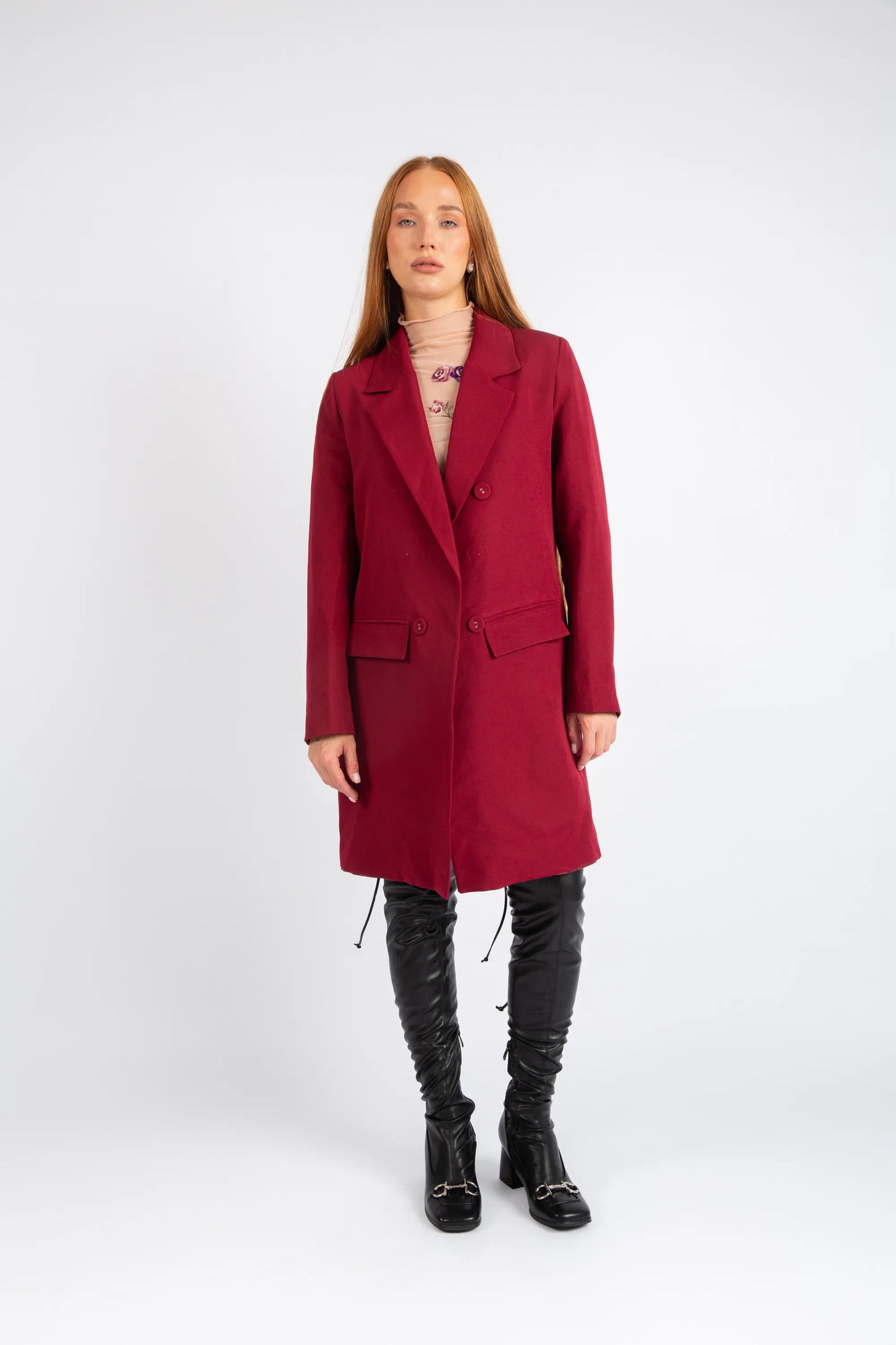 Double-Breasted Tailored Coat - Burgundy