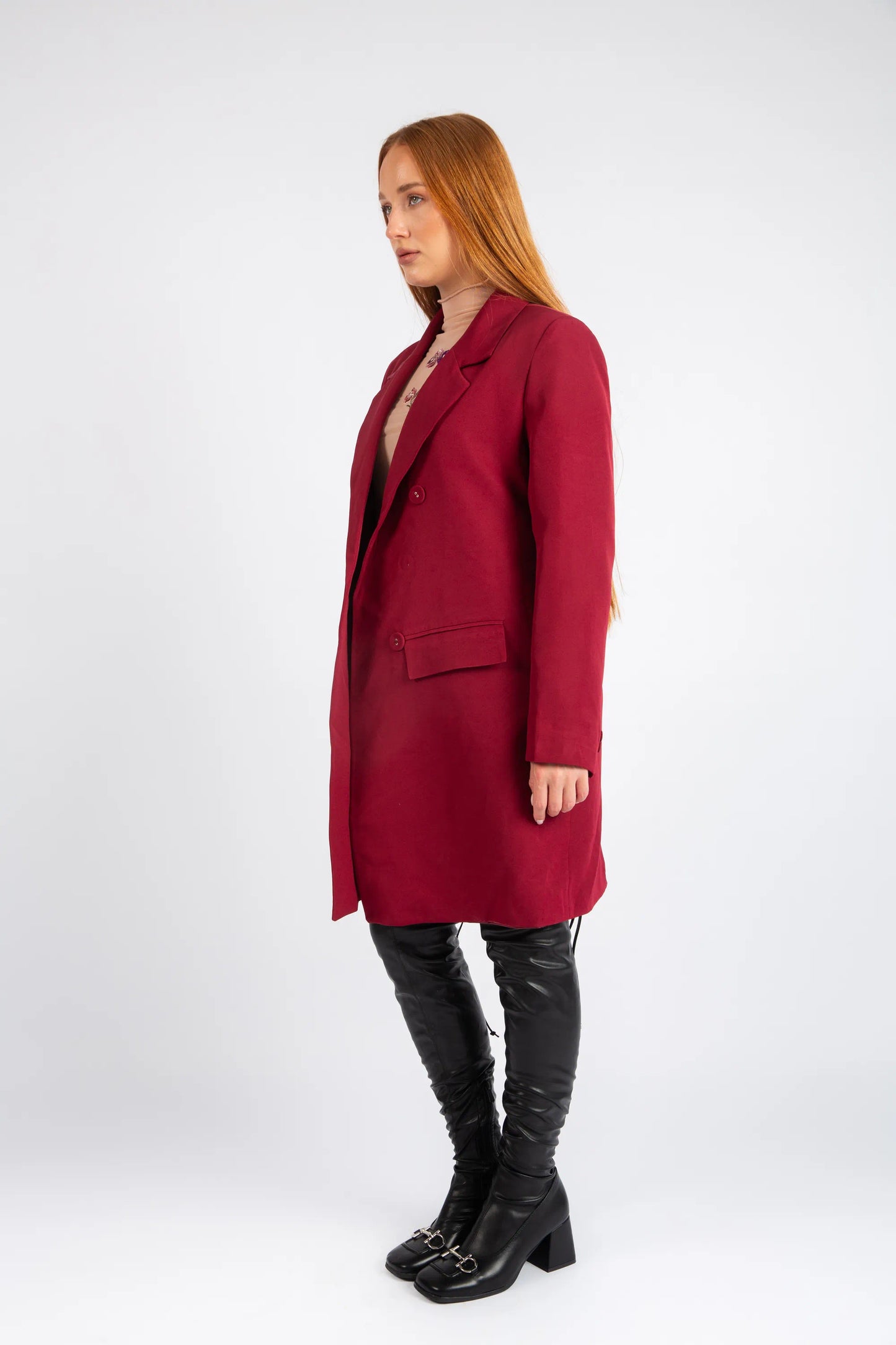 Double-Breasted Tailored Coat - Burgundy