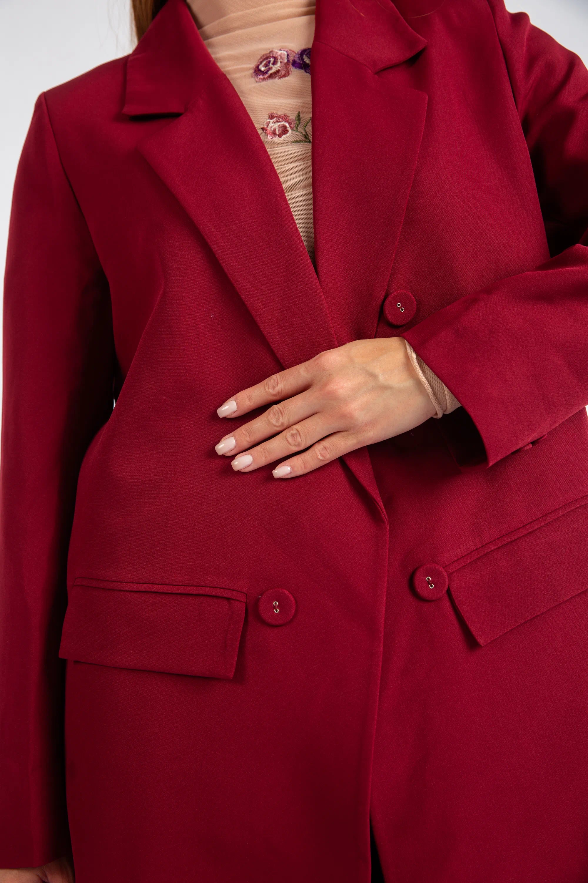 Double-Breasted Tailored Coat - Burgundy