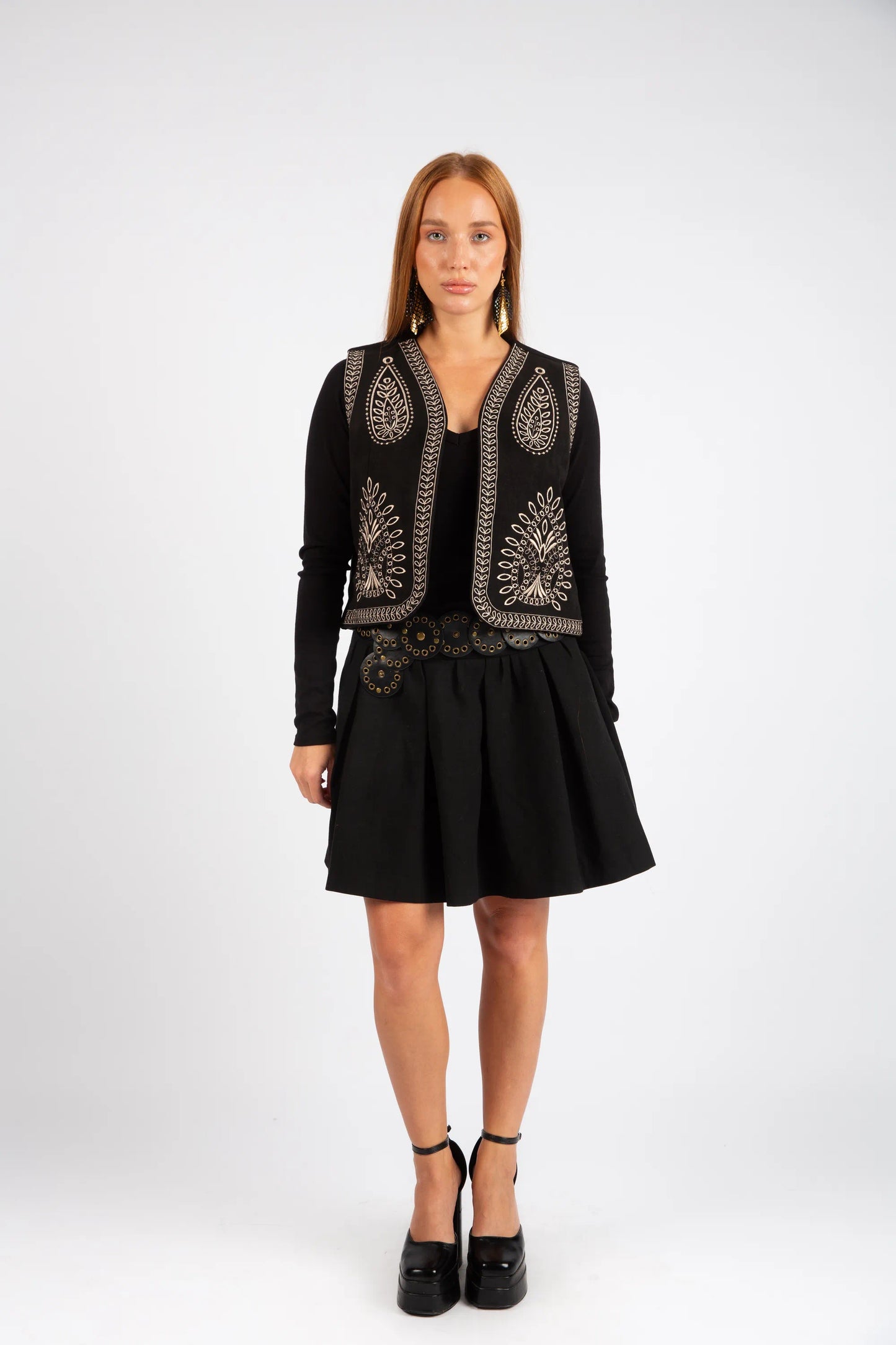 Embroidered Suede-Look Vest - Black