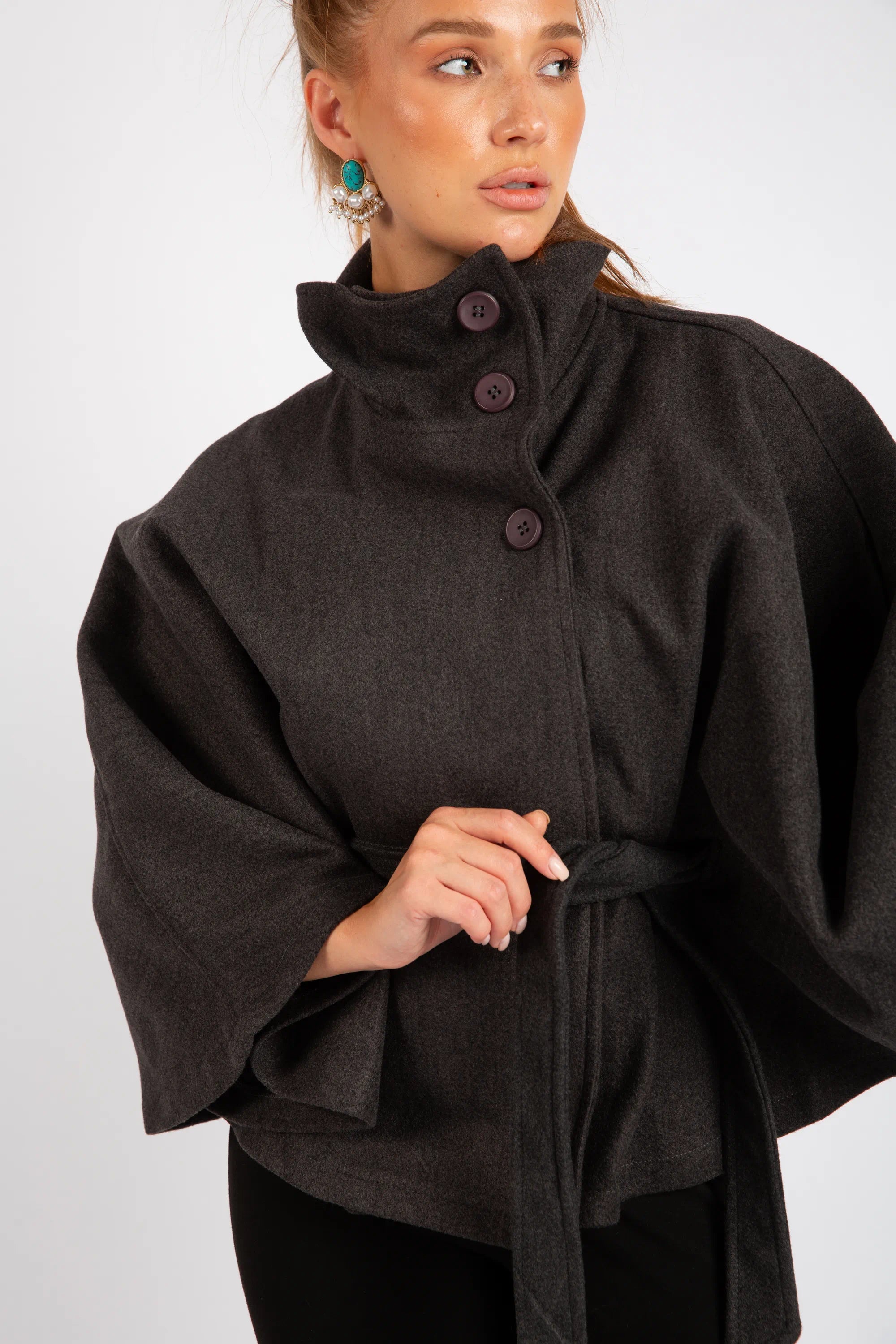 The Classic High-Neck Cape - Dark Gray