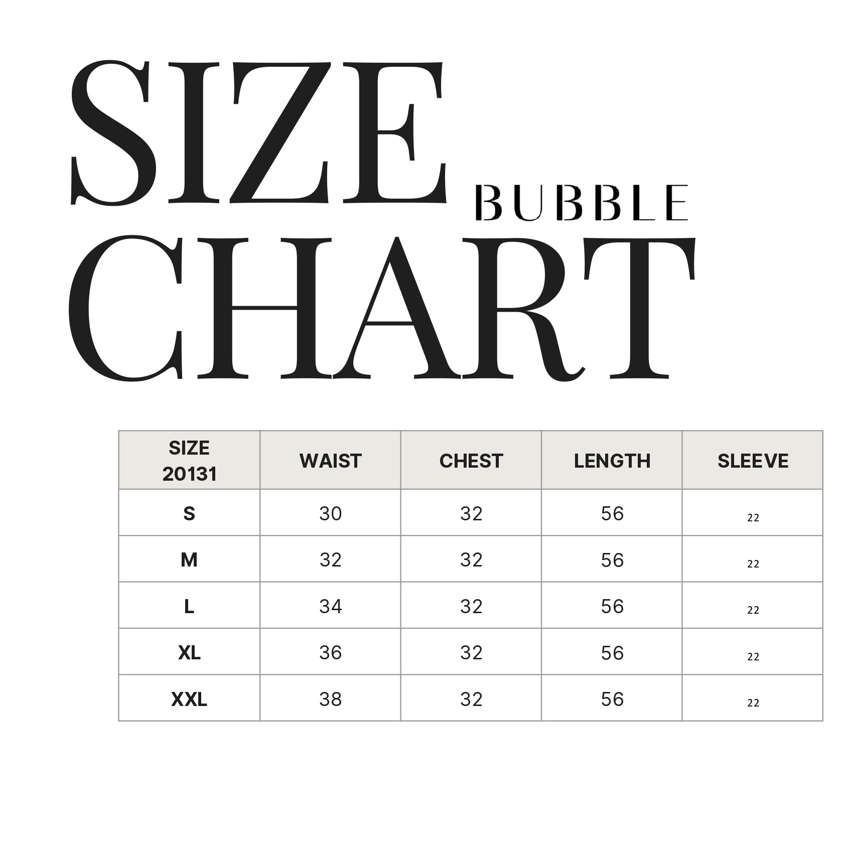 Halfway basic top size chart