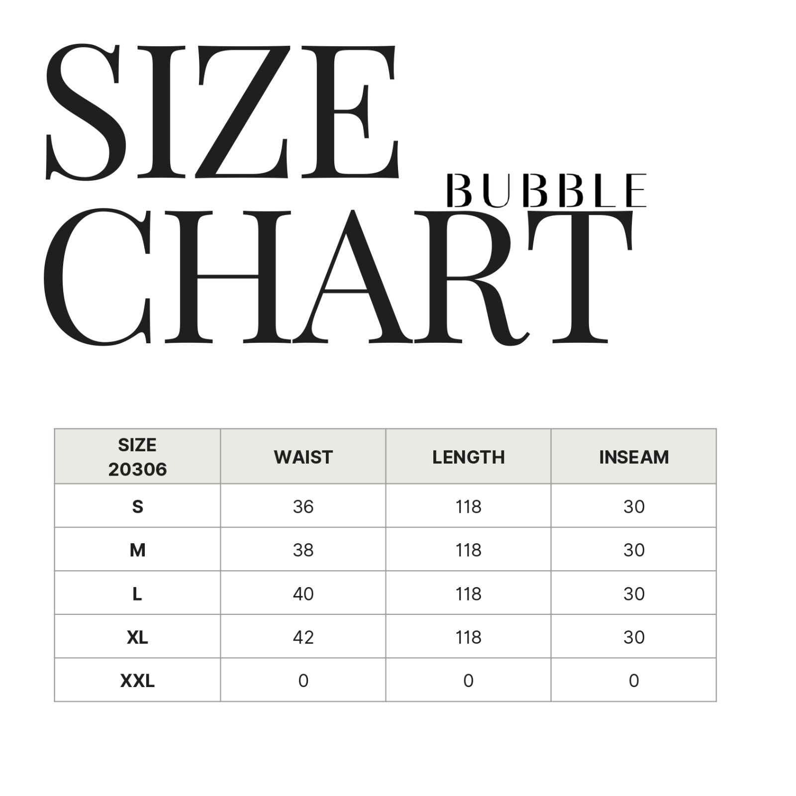 Velare Pants size chart