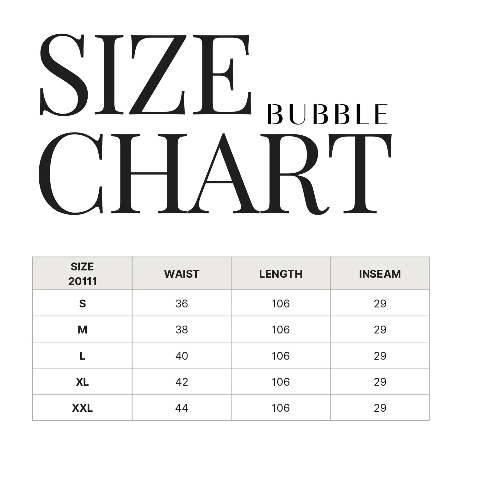 bubble classic pants size chart