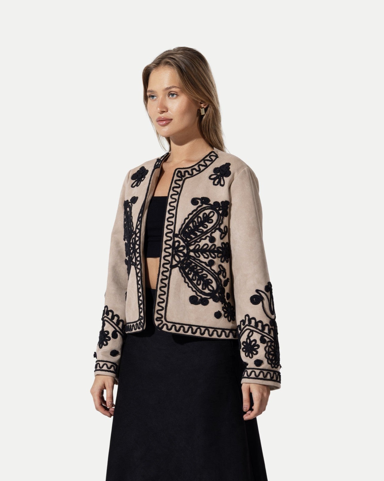 The Artisan Embroidered Cropped Jacket -Beige