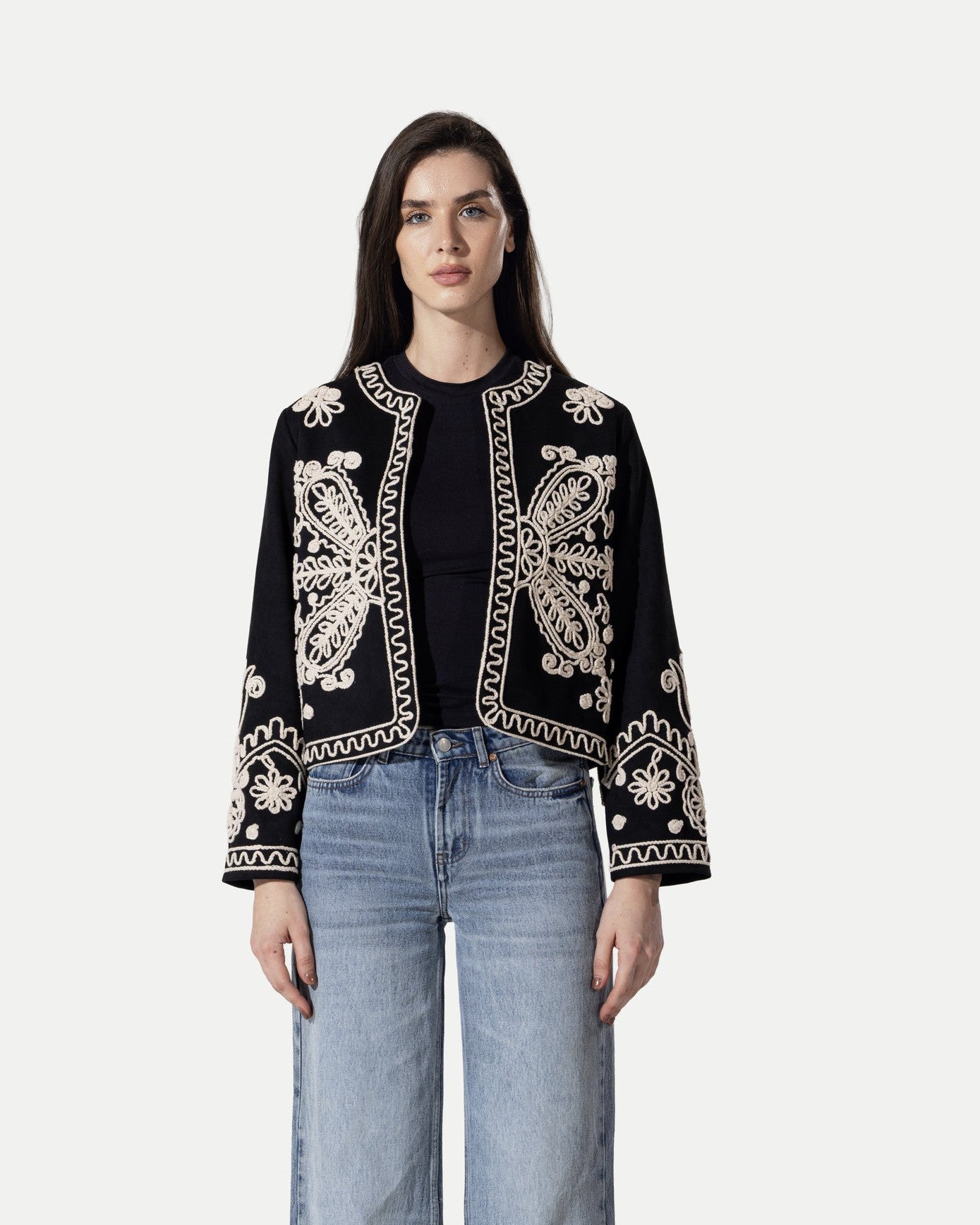 The Artisan Embroidered Cropped Jacket -Black
