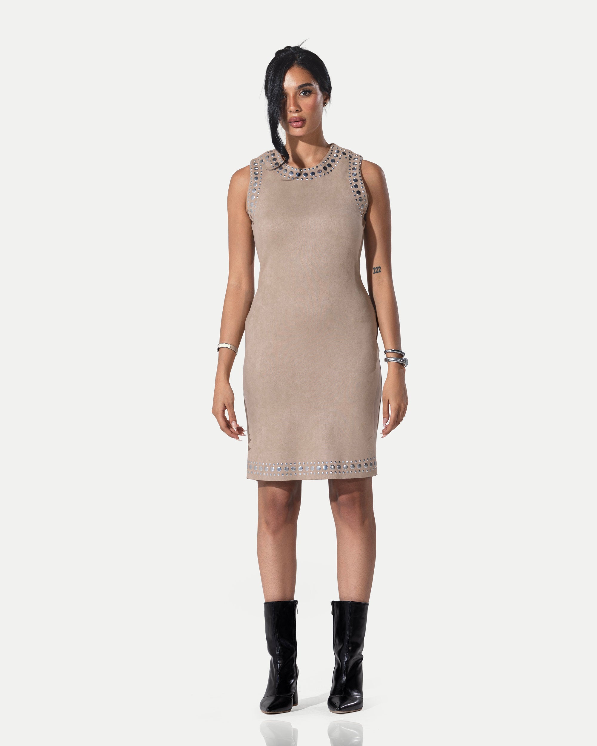 The Stellar Trim Suede Shift Dress -Beige