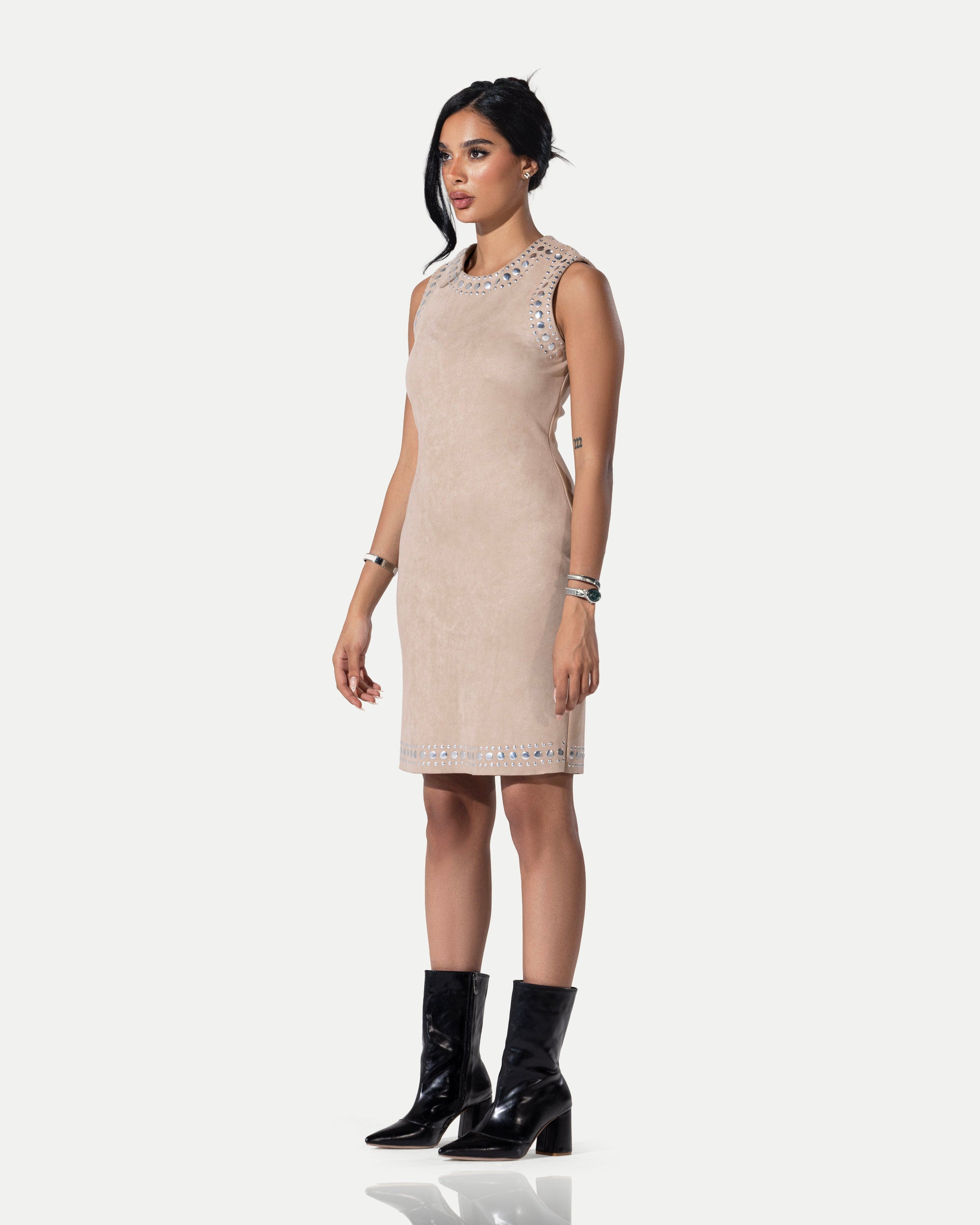 The Stellar Trim Suede Shift Dress -Beige
