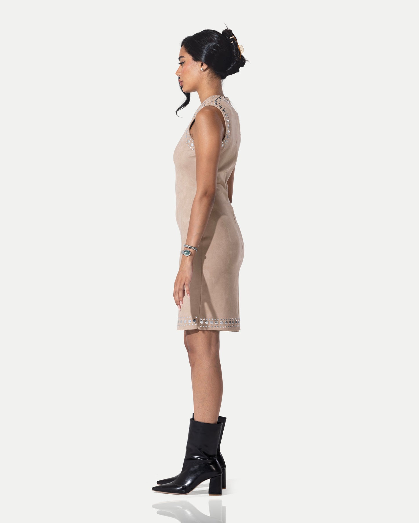 The Stellar Trim Suede Shift Dress -Beige