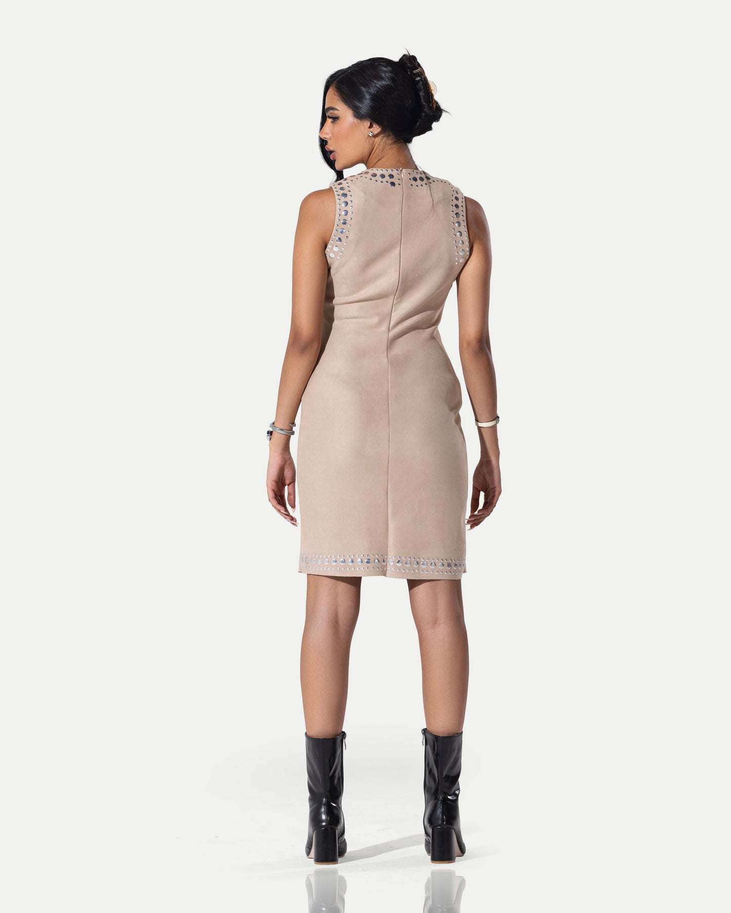 The Stellar Trim Suede Shift Dress -Beige