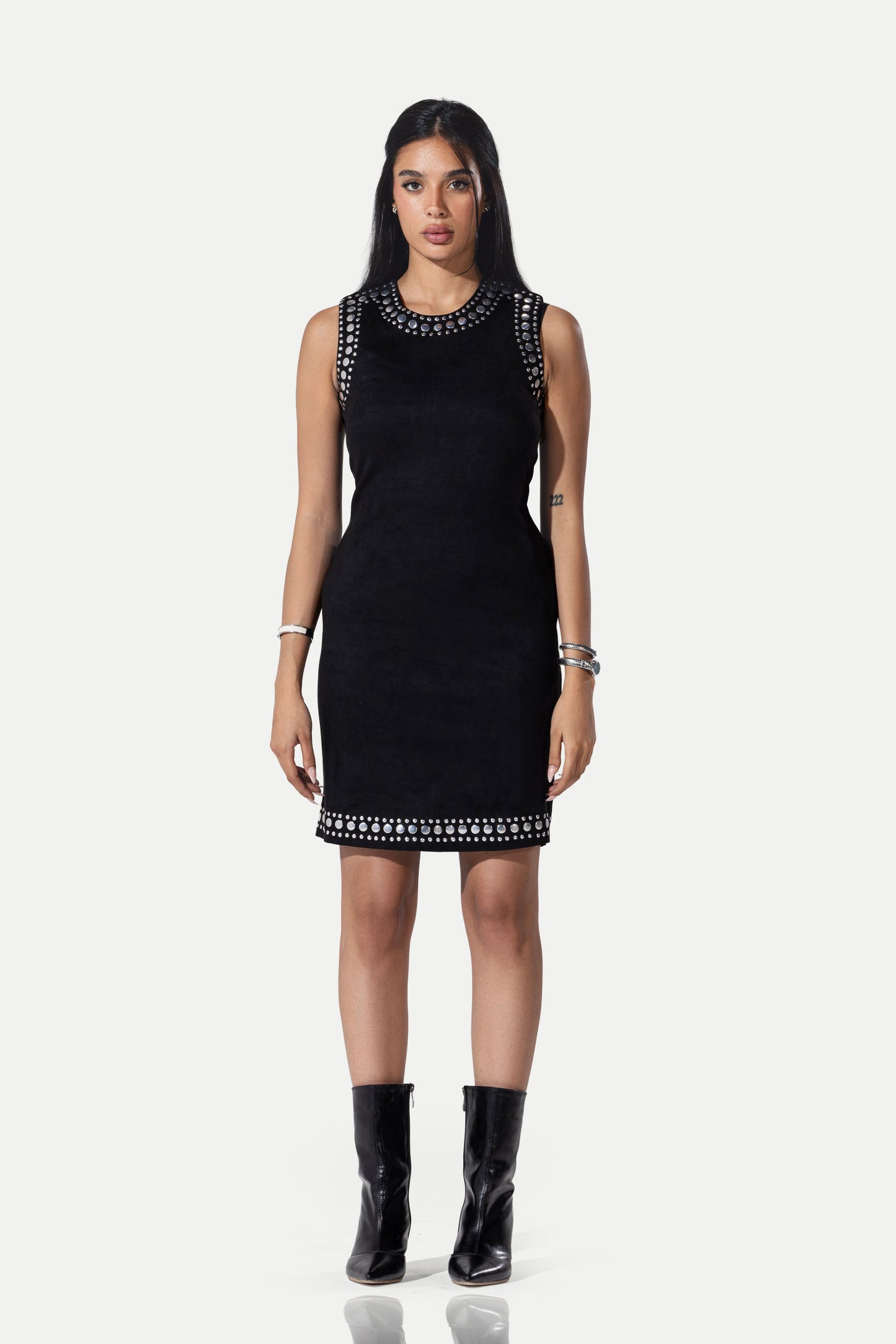 The Stellar Trim Suede Shift Dress -Black