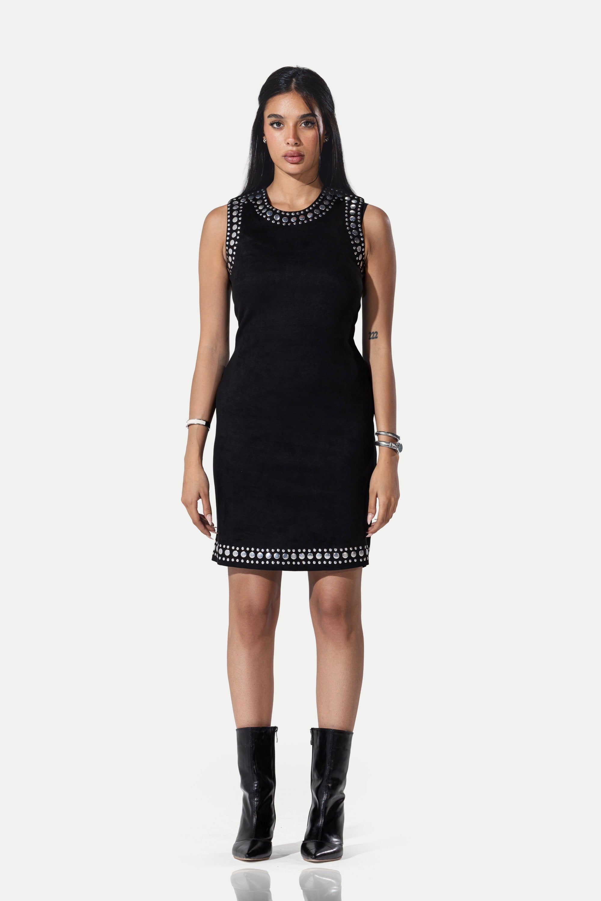 The Stellar Trim Suede Shift Dress -Black