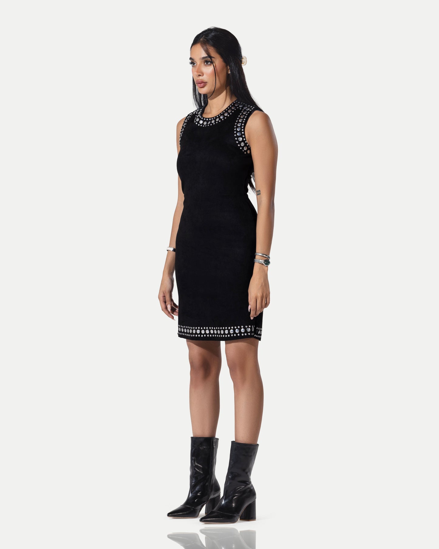 The Stellar Trim Suede Shift Dress -Black