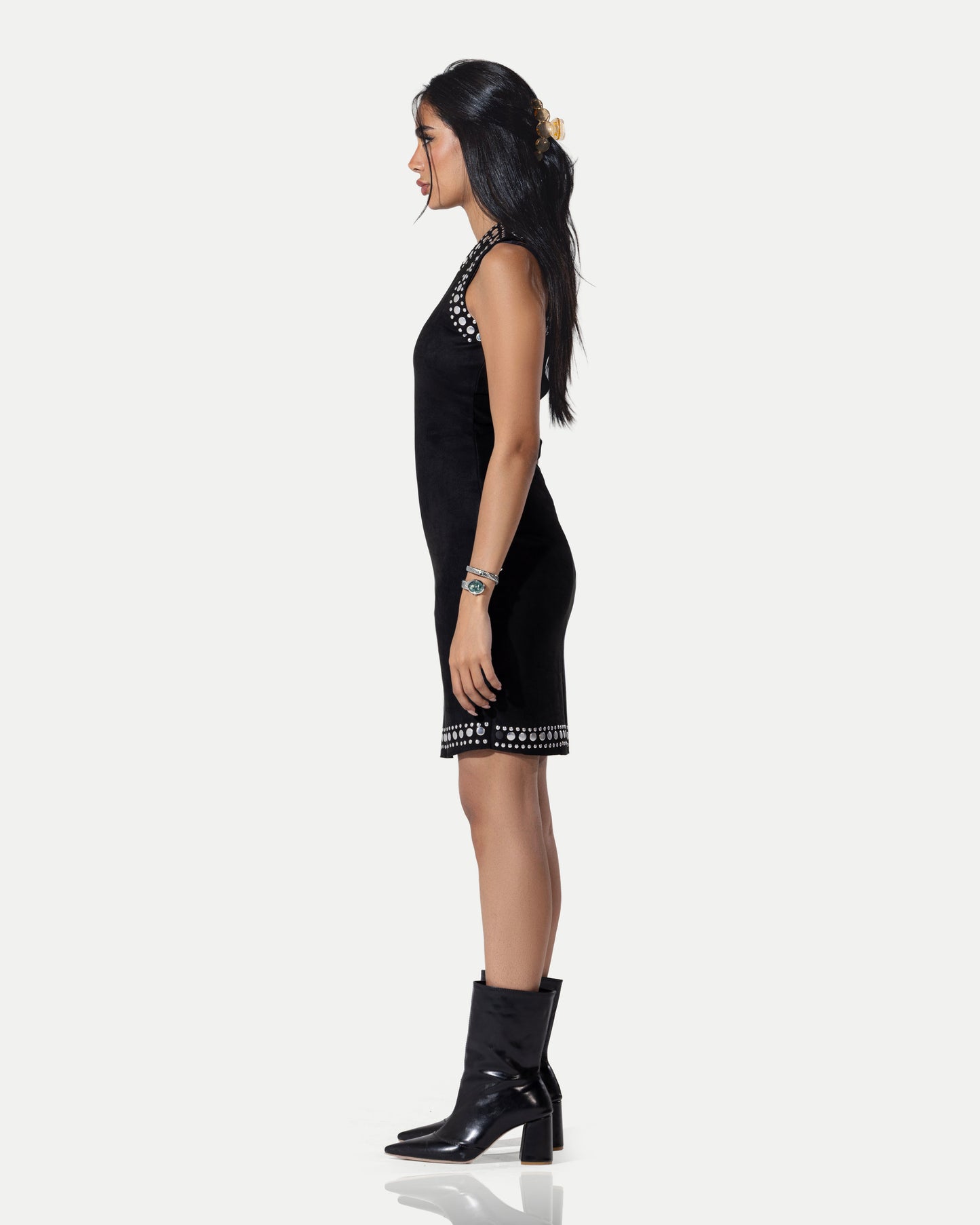 The Stellar Trim Suede Shift Dress -Black